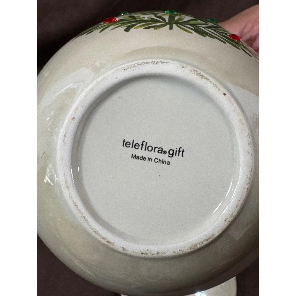 Teleflora Gift Christmas Ornament Ceramic Lidded Jar Rhinestone Tree Cream 6.5